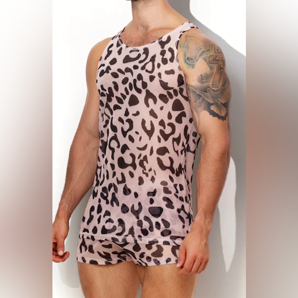 NWT JJ Malibu Greedy Tank Top Leopard Print Mesh Size XL